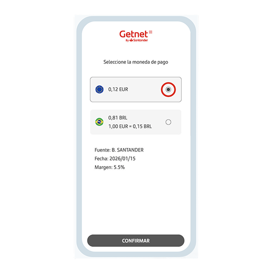 Terminal Get Tap on Phone con pantalla para selección de divisa