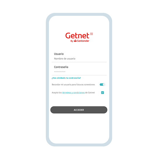 Pantalla de acceso a Getnet en teléfono móvil