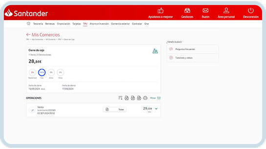 Portal del Banco Santander donde se visualiza la sección del cierre de caja de los comercios