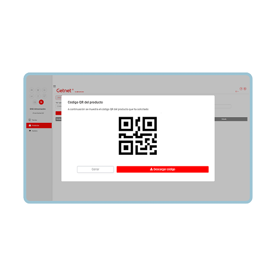 Pantalla con un popup con código QR de producto sobre pantalla de Getnet
