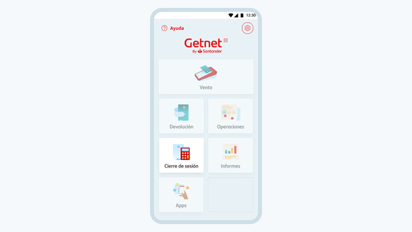 Pantalla de Get Smart con las opciones venta. devolución, operaciones, cierre de sesión, informes y apps