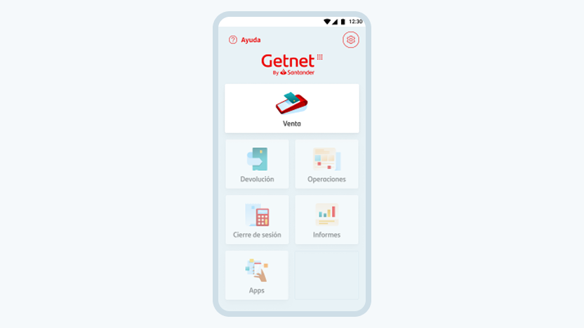 Pantalla de Get Smart con las opciones venta. devolución, operaciones, cierre de sesión, informes y apps