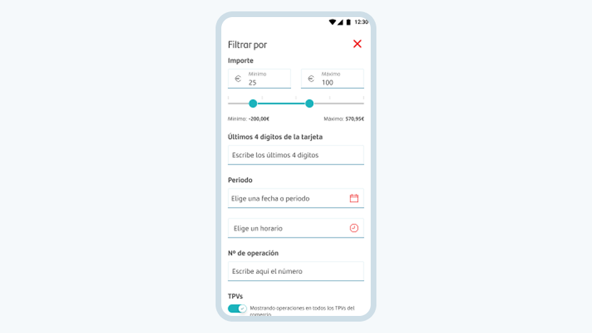 Pantalla de Get Smart con filtros por importe, dígitos de tarjeta, periodo o numero de operación
