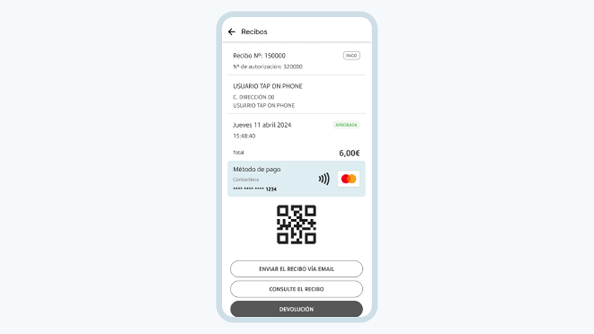 Pantalla Tap on phone con el detalle de un recibo donde aparece el botón para iniciar la devolución
