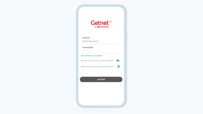 teléfono con imagen getnet a solicitar usuario y contraseña