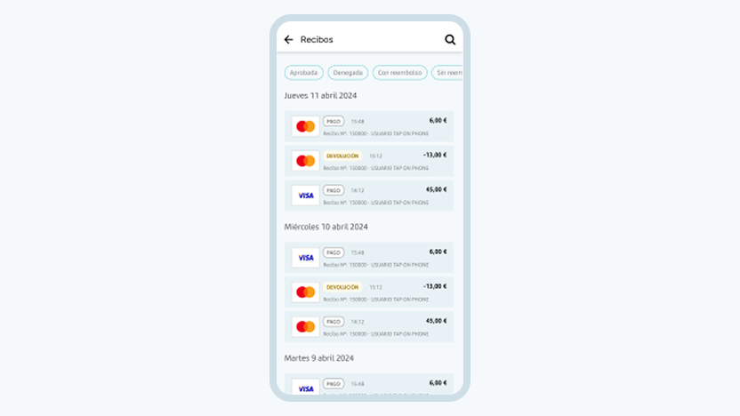 Pantalla Tap on phone con listado de recibos mastercard y visa