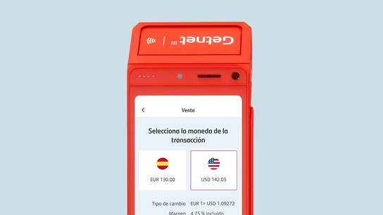 Terminal Get Smart mostrando la selección de moneda de la transacción