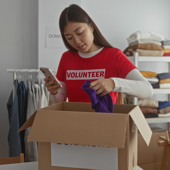 Mujer con camiseta de voluntaria desempaquetando caja de cartón