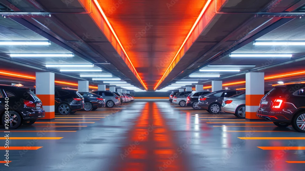 Interior de un parking con vehículos