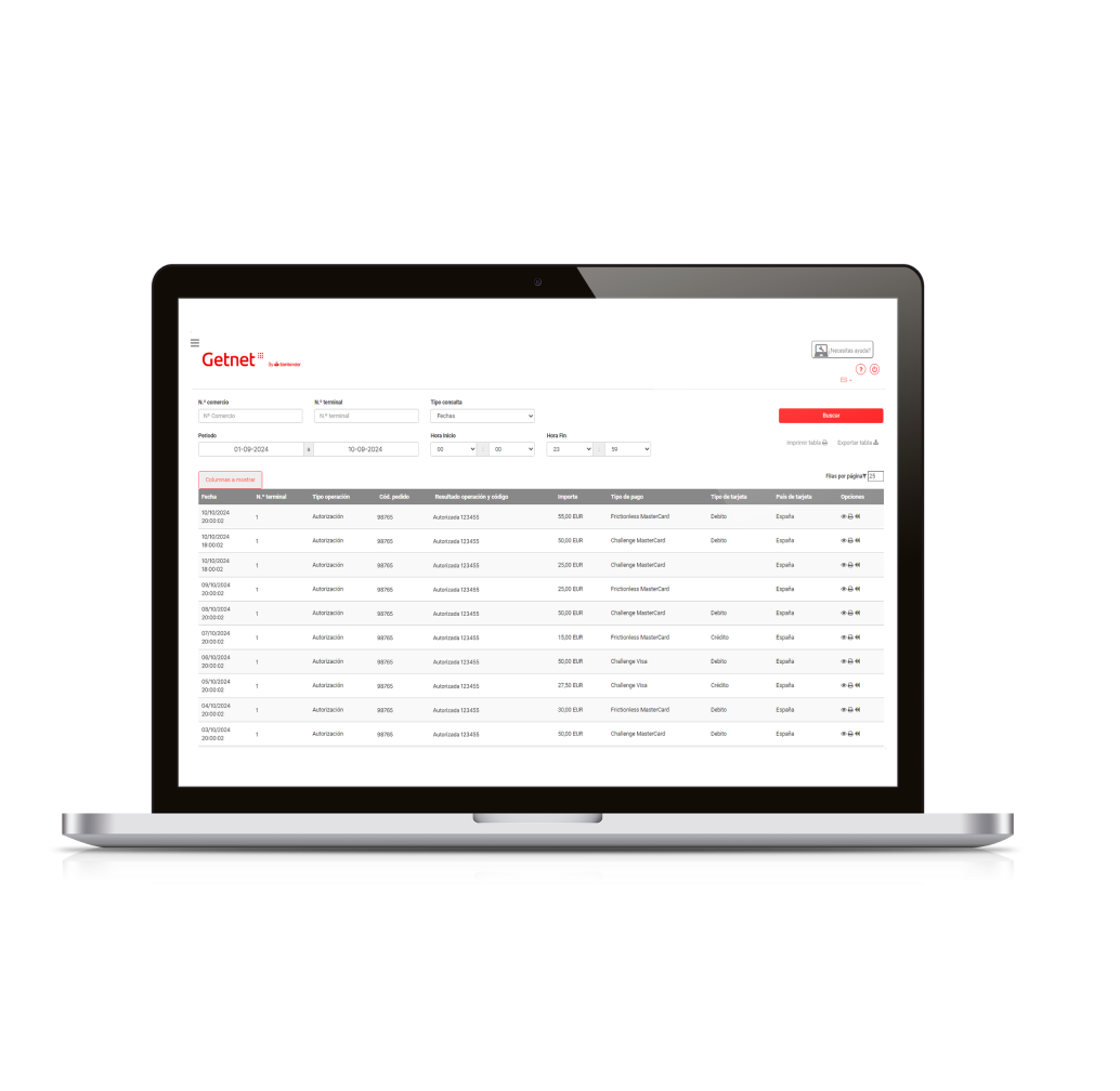Portatil donde se visualiza un listado de operaciones realizadas con Getnet