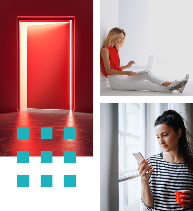 Grupo de tres imagenes: una puerta roja, una mujer sentada en el suelo con un laptop, y una mujer mirando al celular con taza en la mano