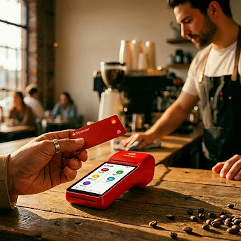 Cliente acercando tarjeta a Get Smart en una cafetería