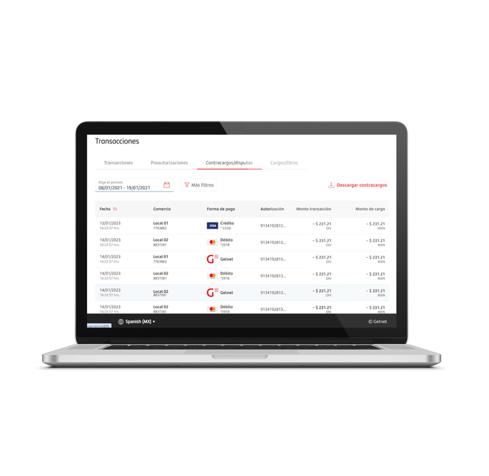 Portatil donde se visualiza un listado de operaciones realizadas con Getnet