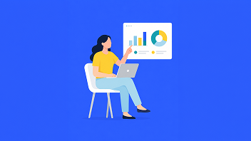 Imagen de ilustración de una mujer con laptop mostrando gráfics