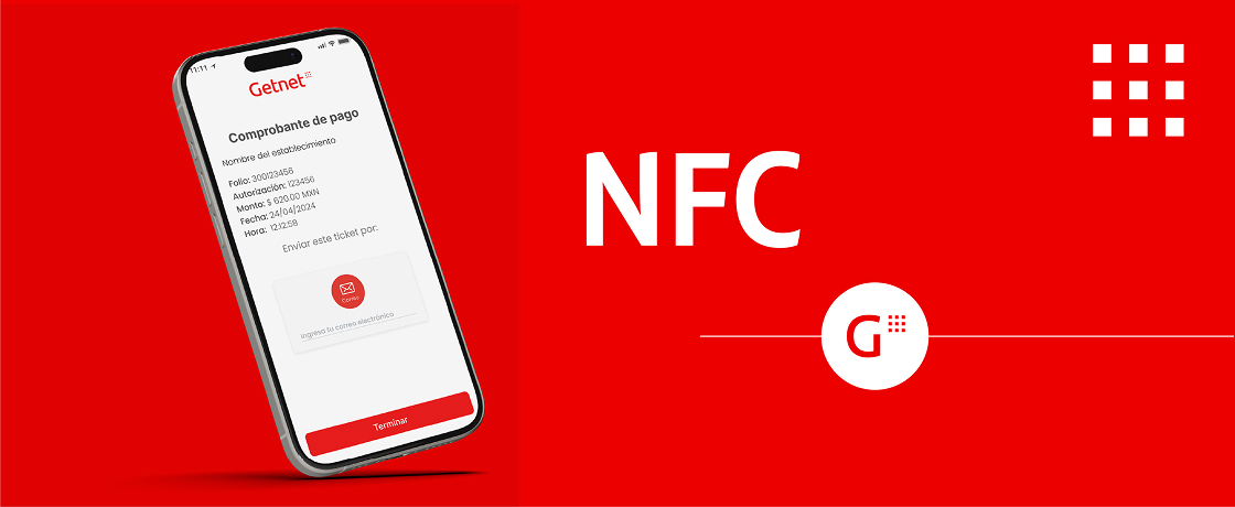 Grafismo con celular mostrando pantalla de comprobante de pago y logos de Getnet y NFC