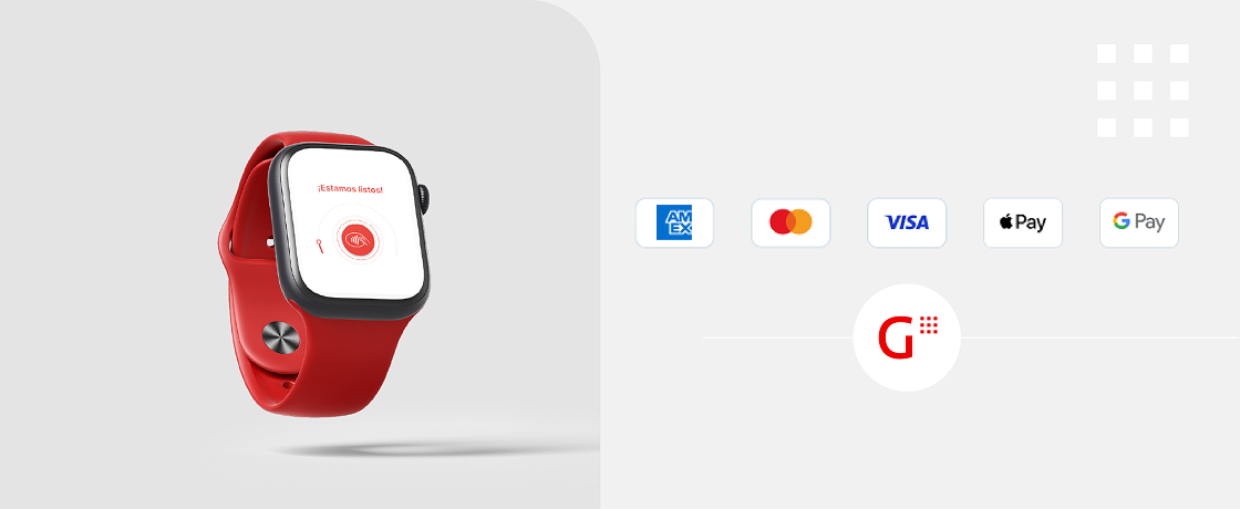 Smartwatch a la izquierda y logos de American Express, Mastercar, Visa, Apple Pay y Android Pay a la derecha junto con el de Getnet