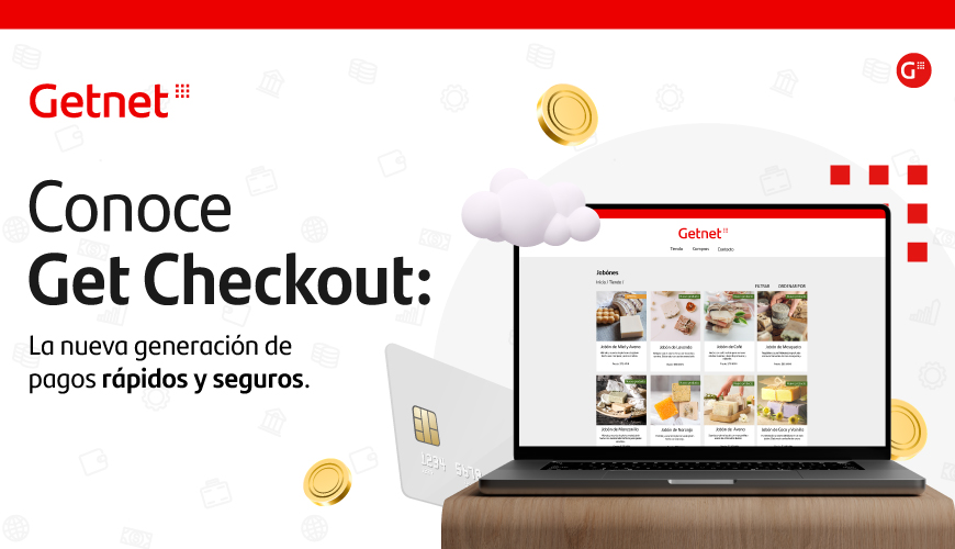 Grafismo con logo de Getnet y un ordenador portátil mostrando una página web de Getnet