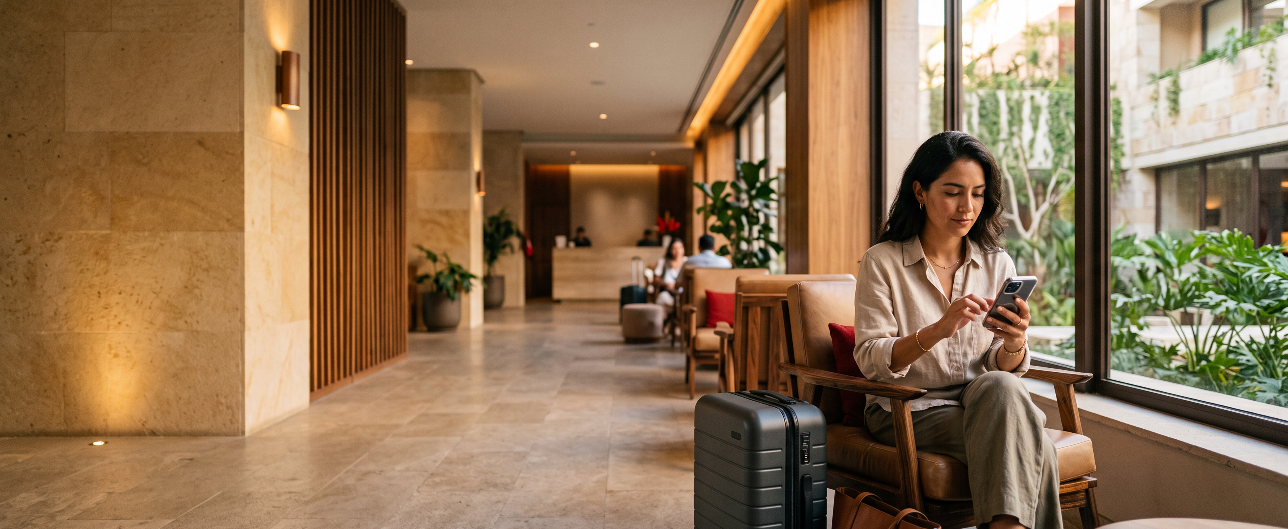 Chica esperando en recepción del Hotel 
