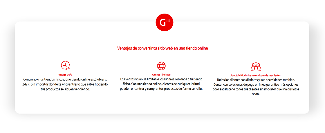 Esquema de tres pasos de ventajas de convertir sitio web en tienda online