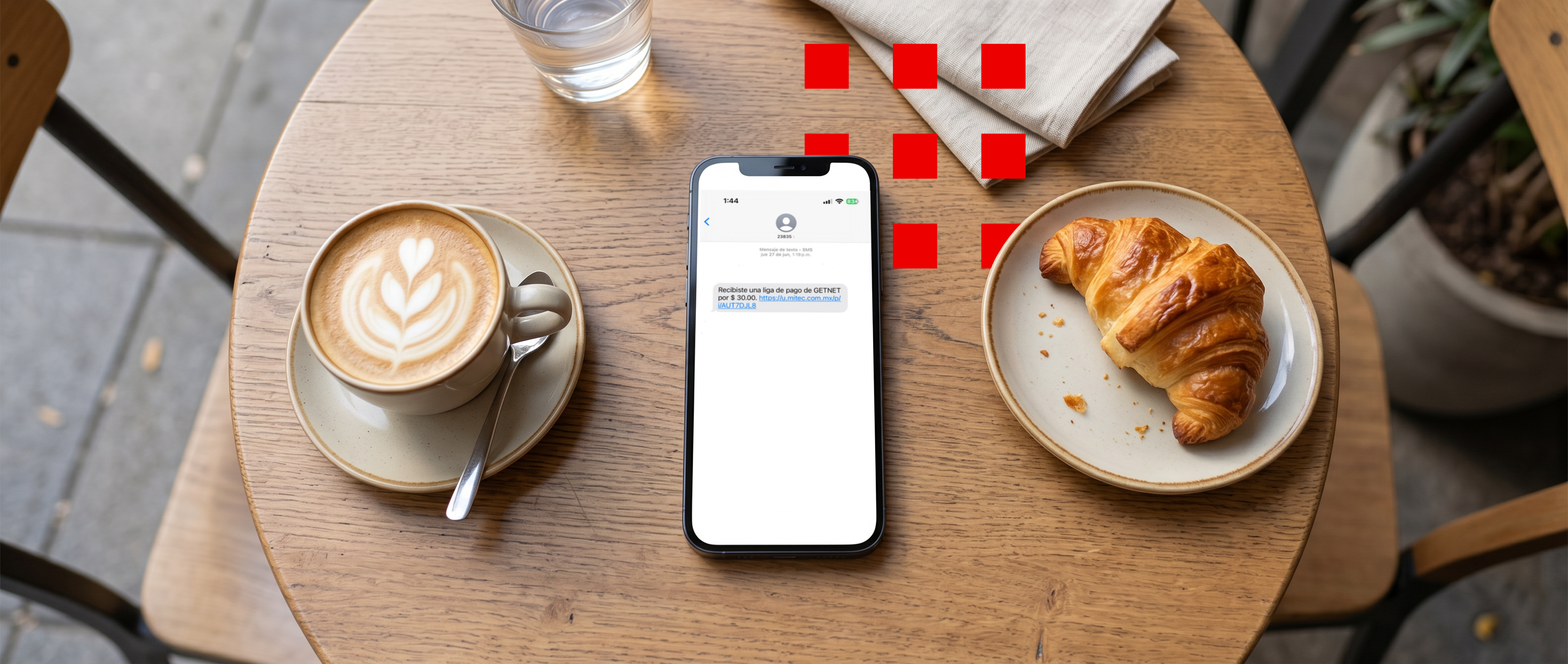 Mesa con una taza de café a la izquierda, un smartphone con un sms con un link de pago en la pantalla y un crosissant a la derecha