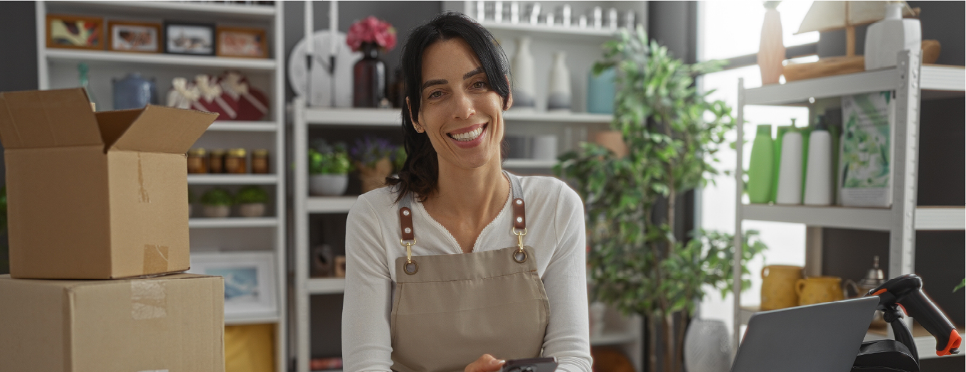 Empleada de tienda sonriendo a la cámara