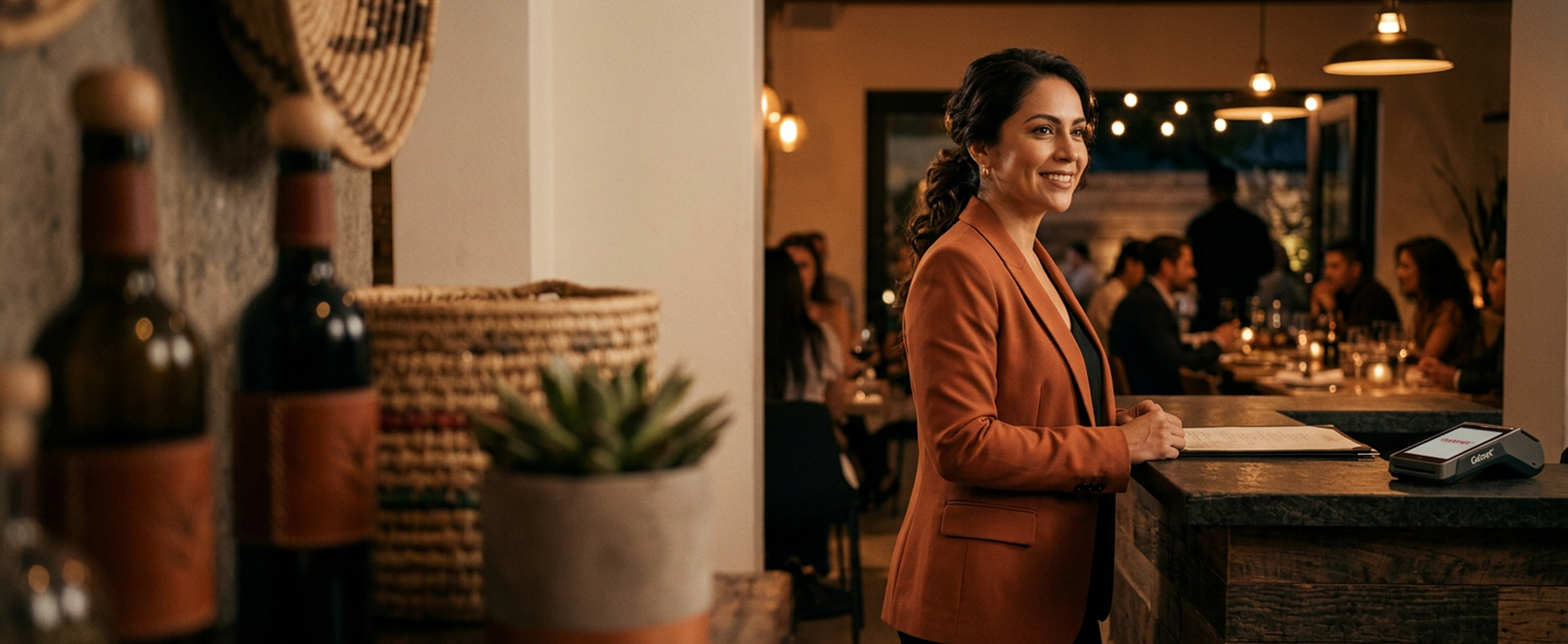 Mujer esperando en la recepción del restaurante