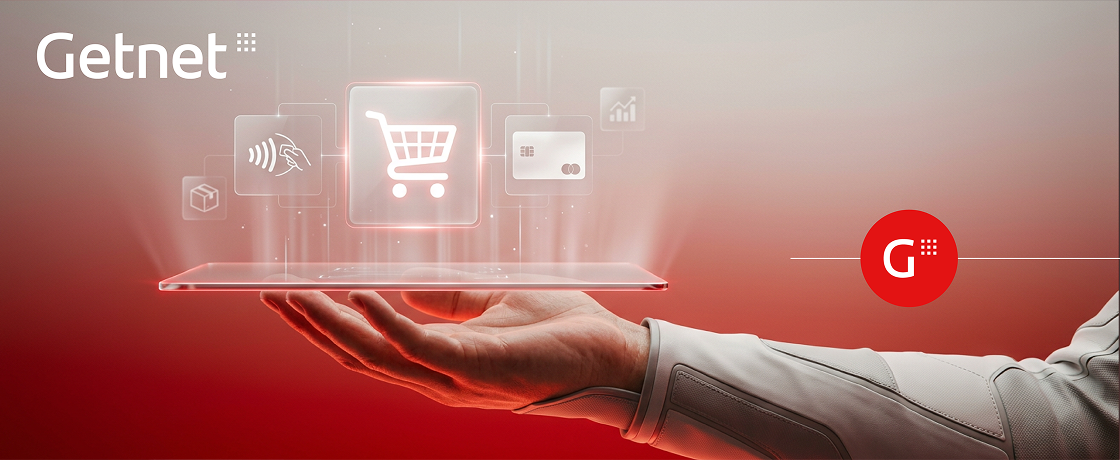 Grafismo con mano con tablet en horizontal y encima hologramas comerciales