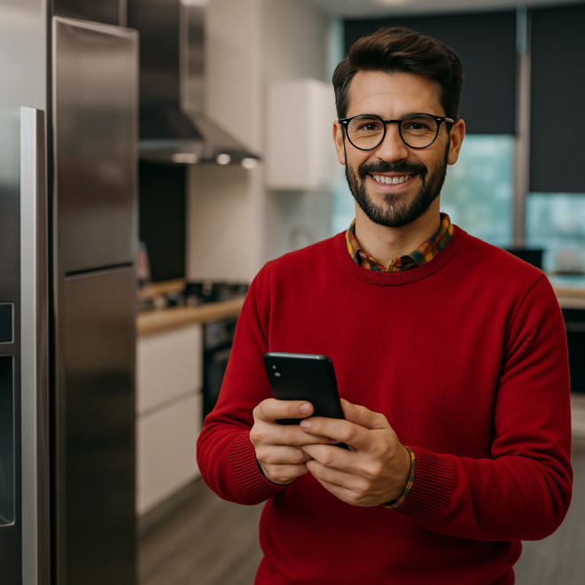 Hombre sonriendo sosteniendo celular